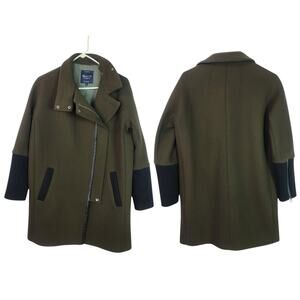 Madewell City Grid Olive Green Black Offset Zip Up Wool Blend Lined Coat Jacket